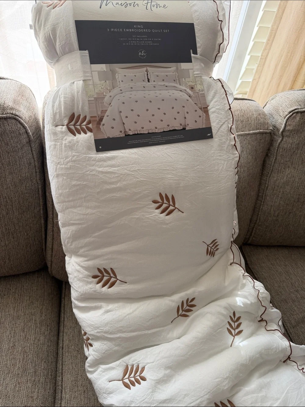 Embroidered King Quilt Set in Cream with Brown Leaf Motif